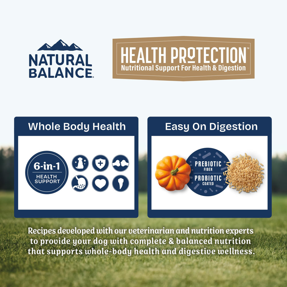 Natural Balance Health Protection, croquetas de pollo, promueven digestión suave en perros pequeños.