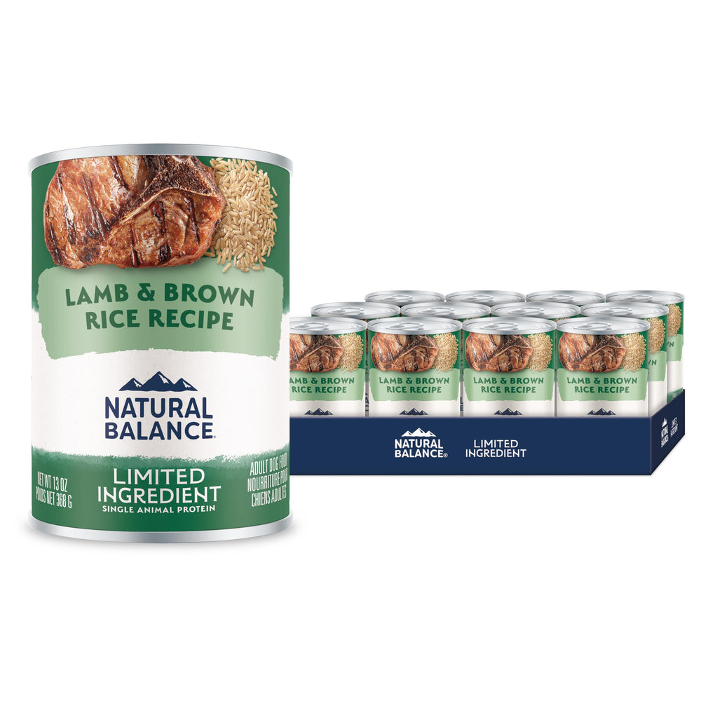 Natural Balance Lamb Brown Rice en lata para perros, proteína de cordero de alta calidad.