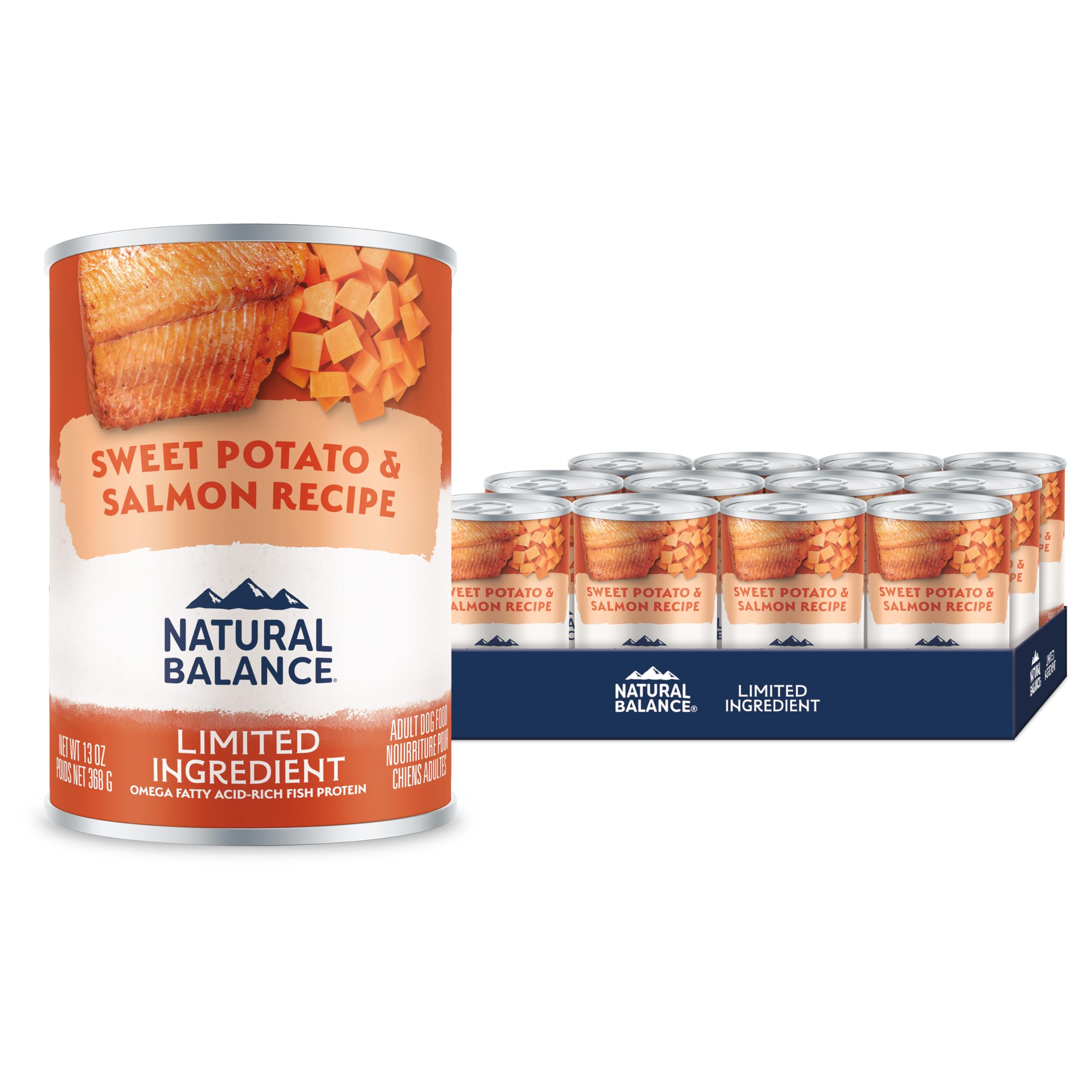 Natural Balance lata para perros con salmón y batata, sabor suave y digestión equilibrada.