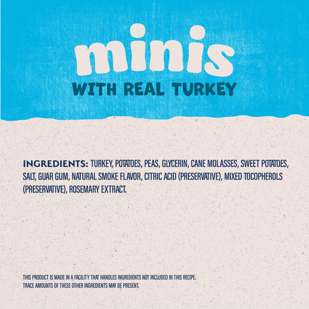 Natural Balance Mini Rewards pavo, ingredientes clave como guisantes, sin granos.