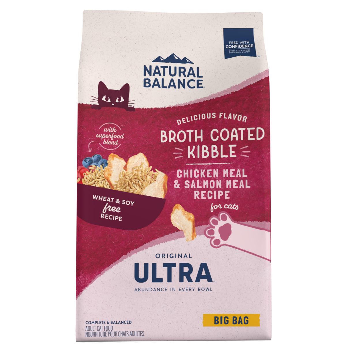 Natural Balance Original Ultra harina de pollo, bolsa visible, fuente de proteína muscular.