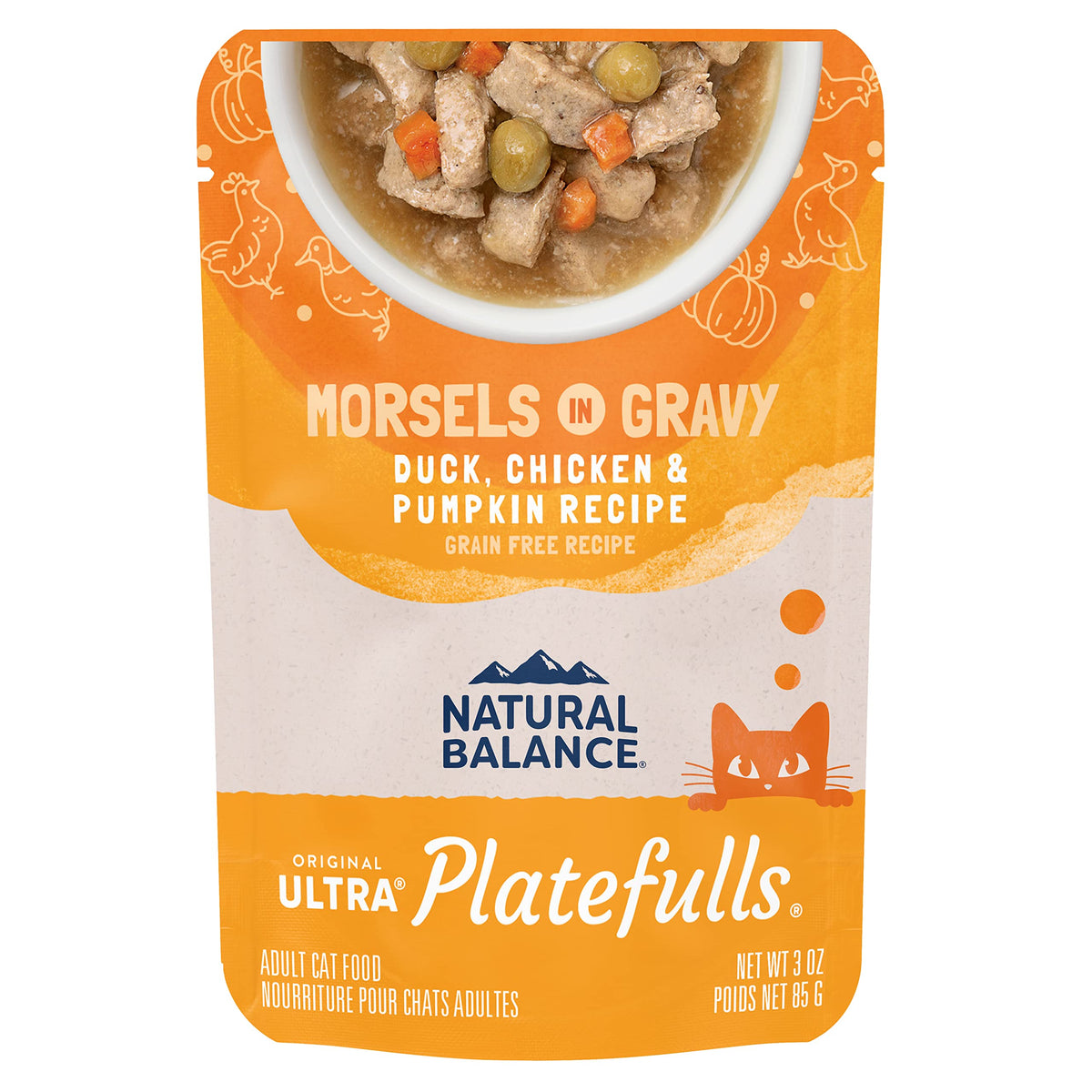 Natural Balance Platefulls Indoor para gatos en salsa con pato y pollo, listo para servir.