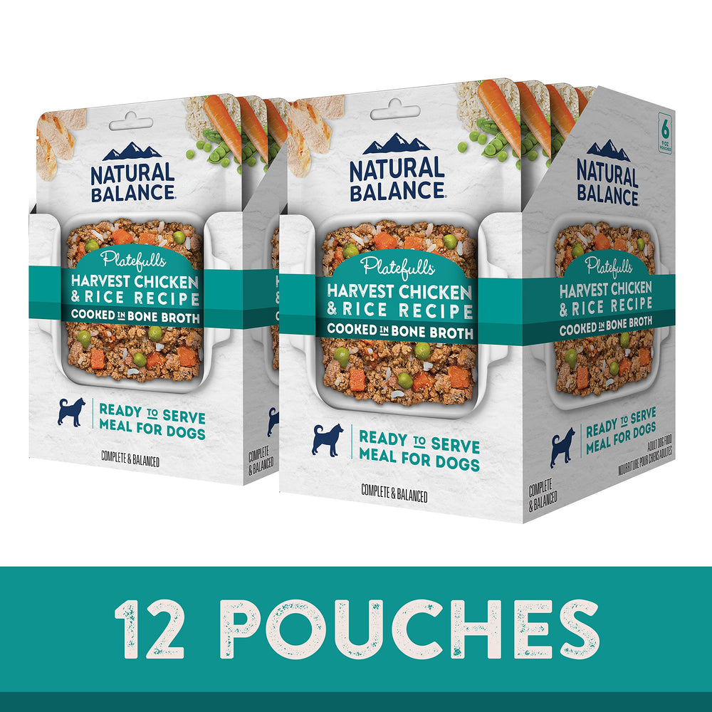 Natural Balance Platefulls ingredientes visibles: pollo, zanahoria, arroz y guisantes para saborear