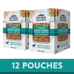 Natural Balance Platefulls ingredientes visibles: pollo, zanahoria, arroz y guisantes para saborear