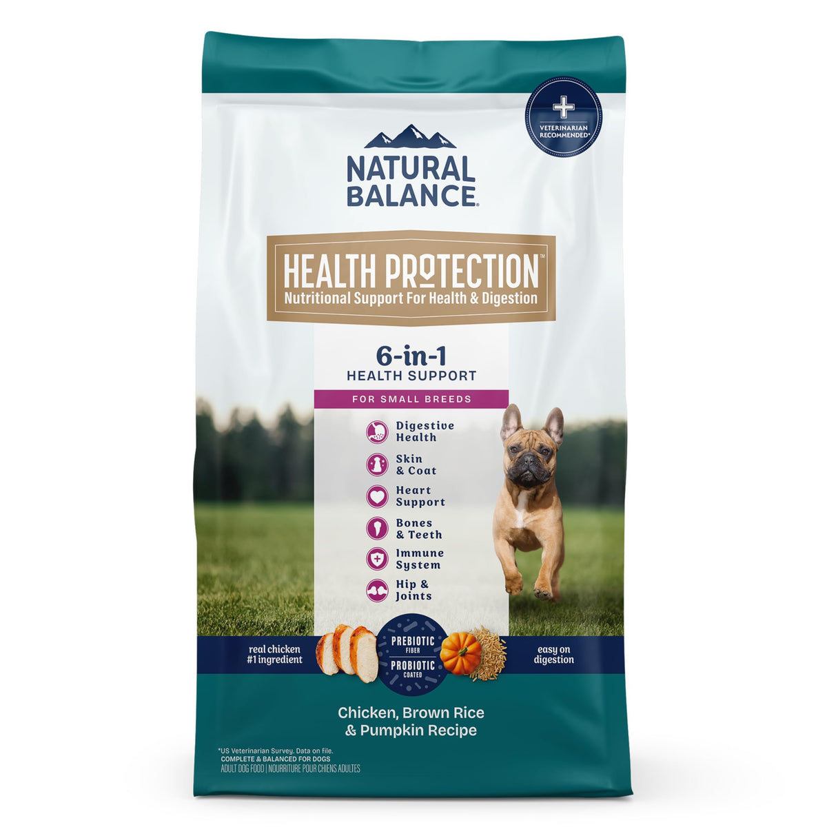 Natural Balance primer ingrediente pollo, proteína fácil de digerir para perros pequeños.