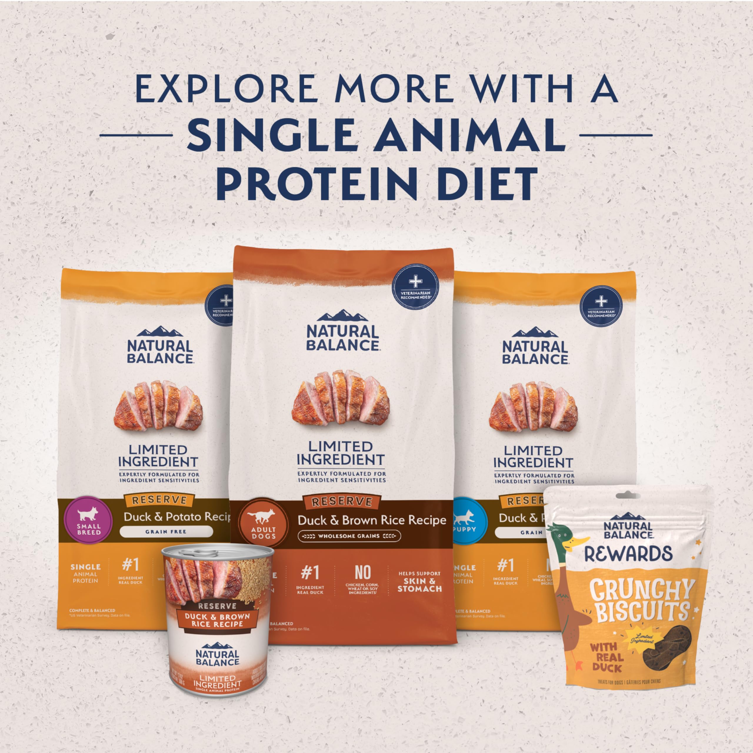 Natural Balance reserva pato-arroz: sin colorantes artificiales para dieta limpia.