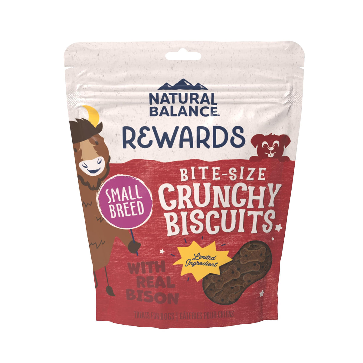 Natural Balance Rewards Crunchy Biscuits: paquete visible, snack crujiente para perros pequeños, ideal para premiar.
