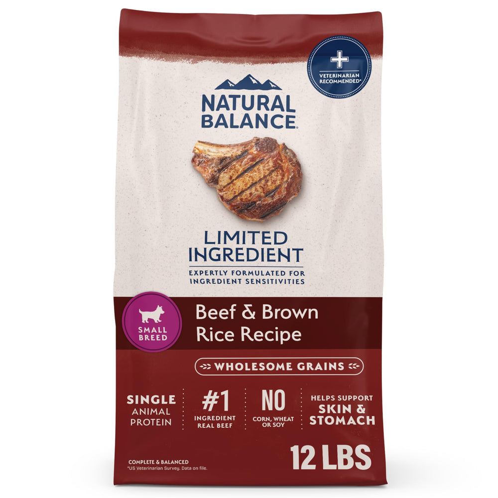 Natural Balance ternera-arroz seco para perro pequeño, proteína principal para músculos saludables.