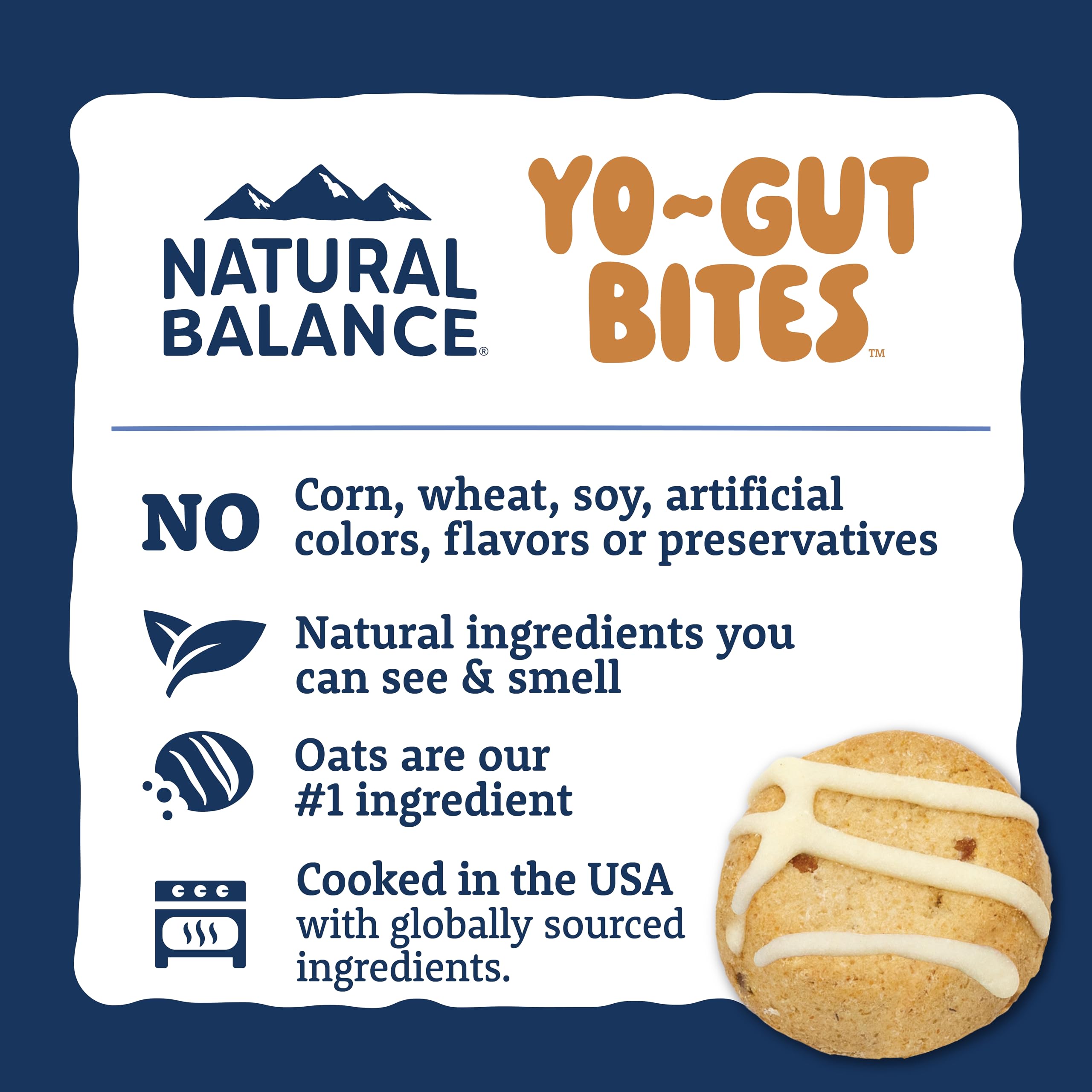Natural Balance Yo-Gut Bites con banano real y avena visibles.