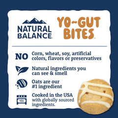 Natural Balance Yo-Gut Bites con banano real y avena visibles.
