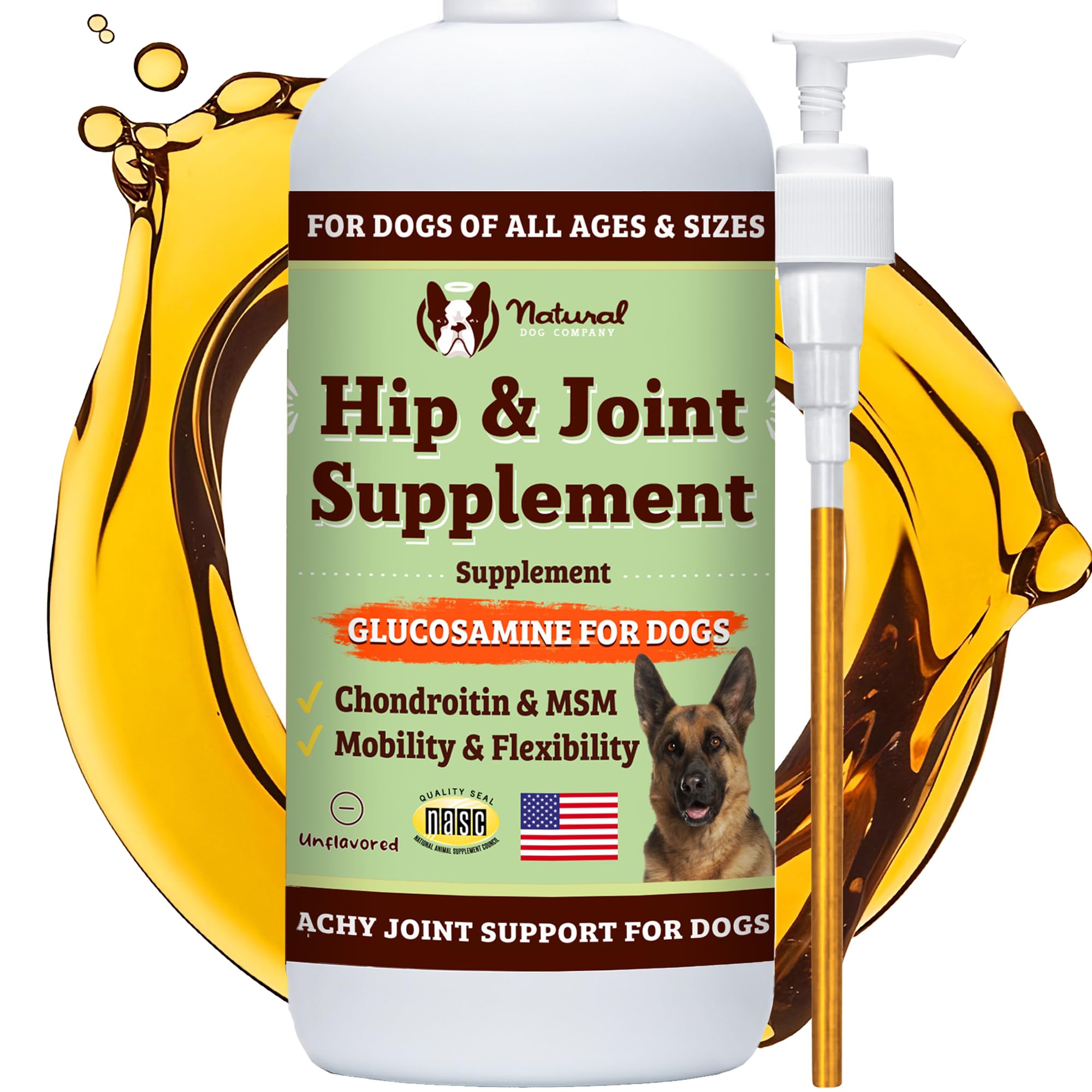 Natural Dog Company Aceite glucosamina: botella para movilidad diaria de perros.