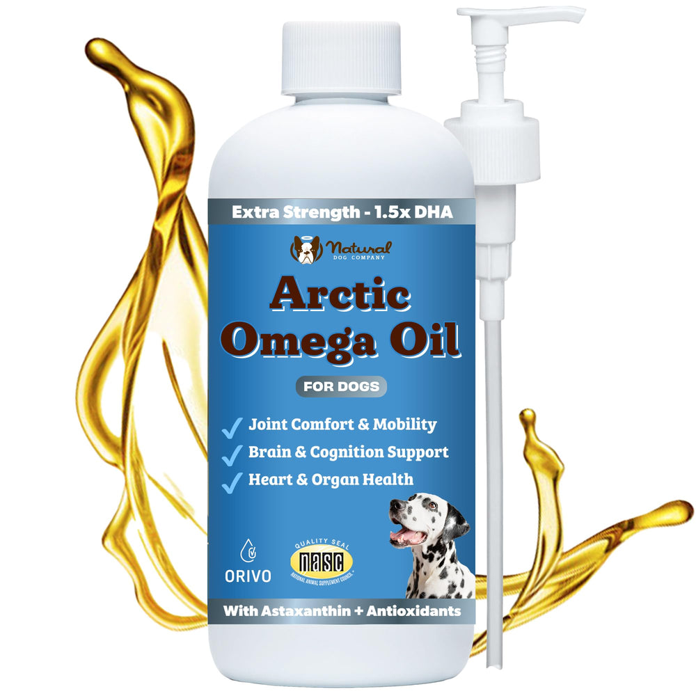 Natural Dog Company Arctic Omega Oil en botella con etiqueta, apoyo a piel y pelaje