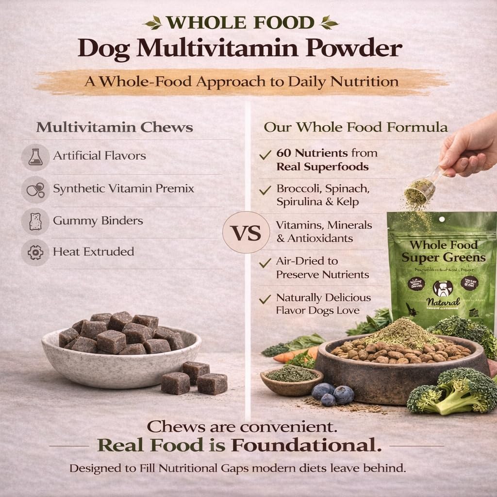 Natural Dog Company Super Greens: sabor-vegetal, facilita la ingesta diaria y mejora la palatabilidad.