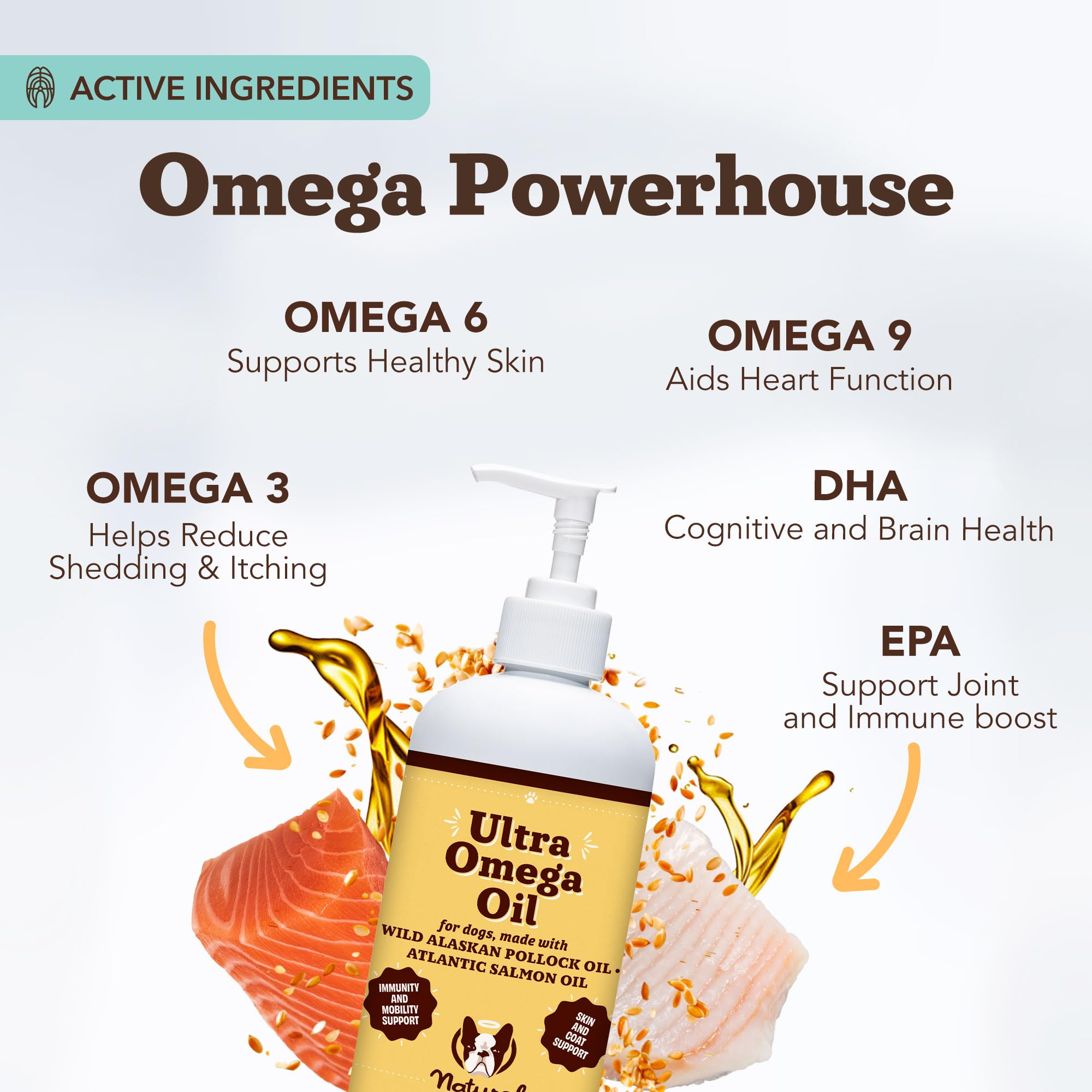 Natural Dog Company Ultra Omega Oil, mezcla en comida para pelaje brillante