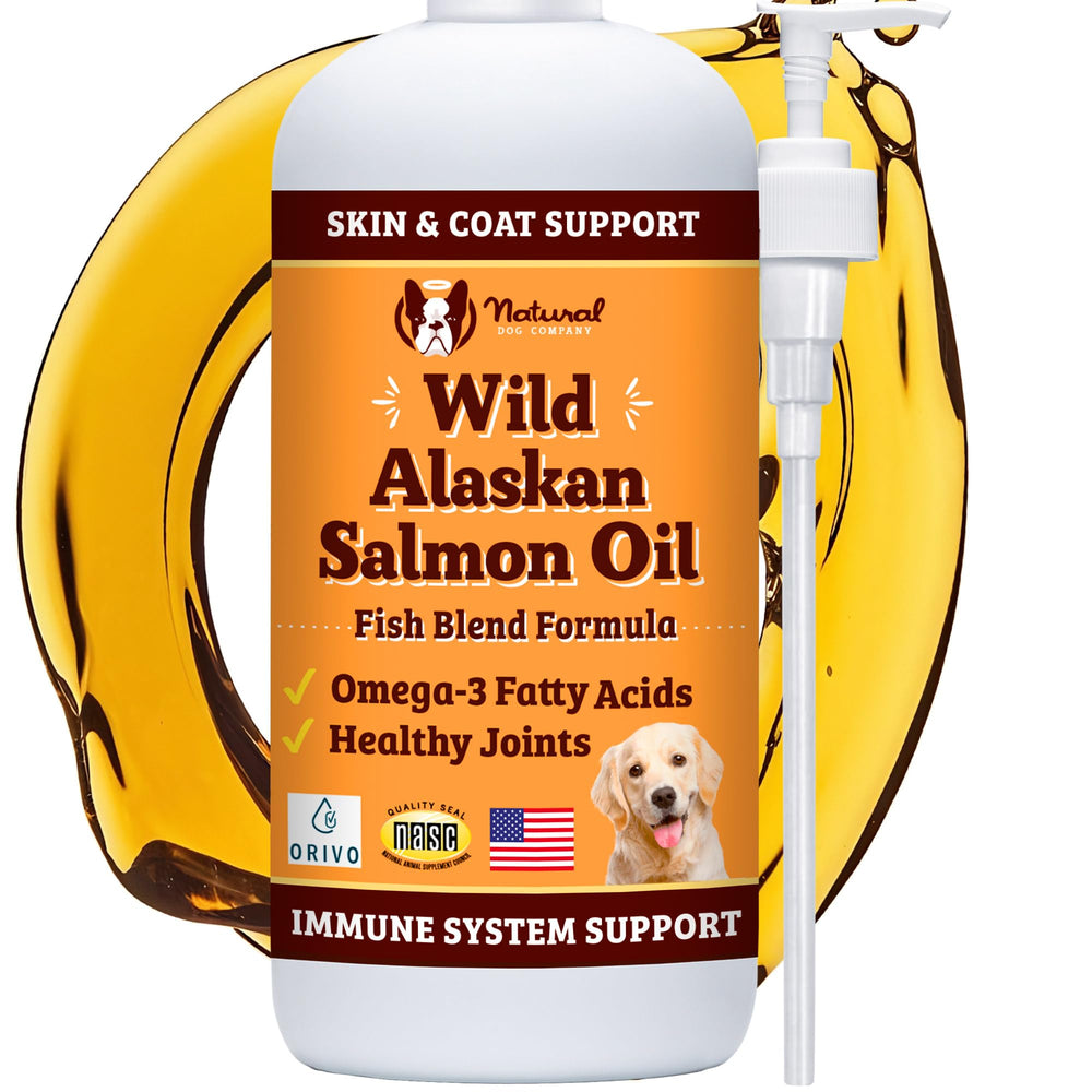 Natural Dog Company Wild Alaskan Salmon Oil, botella-vertido-en-comida, mejora brillo del pelaje.