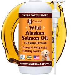 Natural Dog Company Wild Alaskan Salmon Oil, botella-vertido-en-comida, mejora brillo del pelaje.