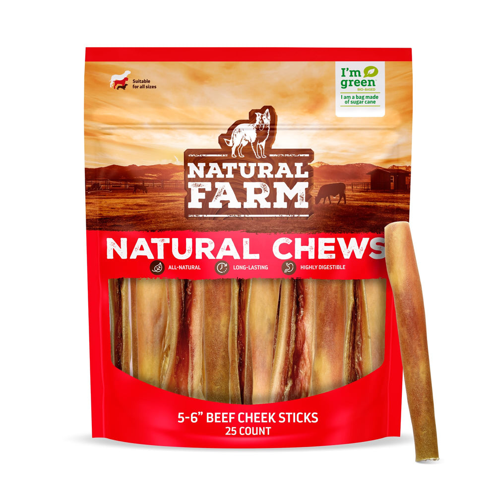 Natural Farm barra mejilla de res, 25 piezas, 5-6 pulgadas, premiar y entretener a perros.