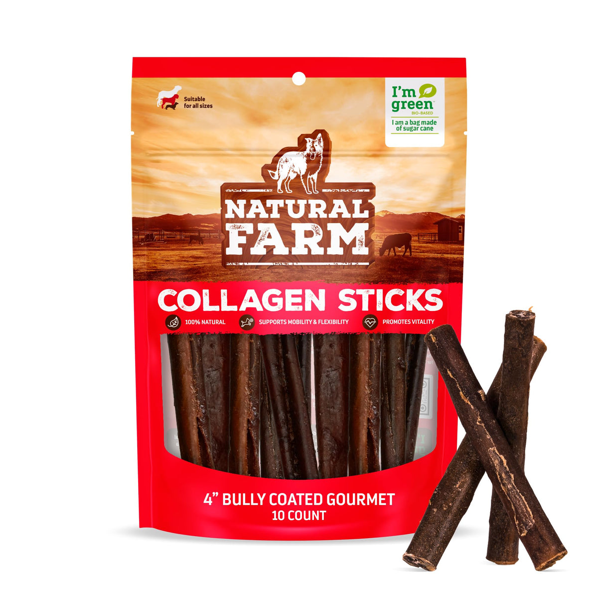 Natural Farm Bully Coated Collagen Stick de 4 pulgadas en empaque, apoyo a articulaciones.