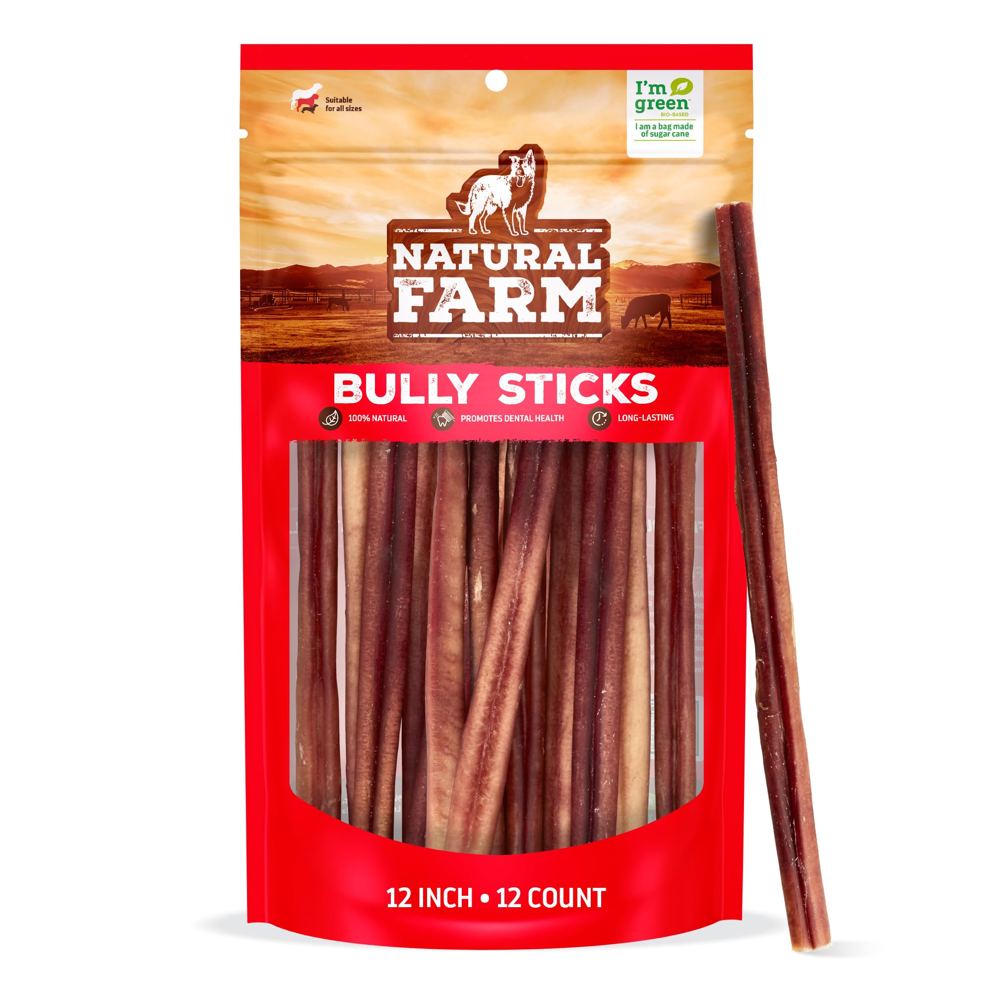 Natural Farm Bully Sticks de 12 pulgadas para perros, masticación prolongada.
