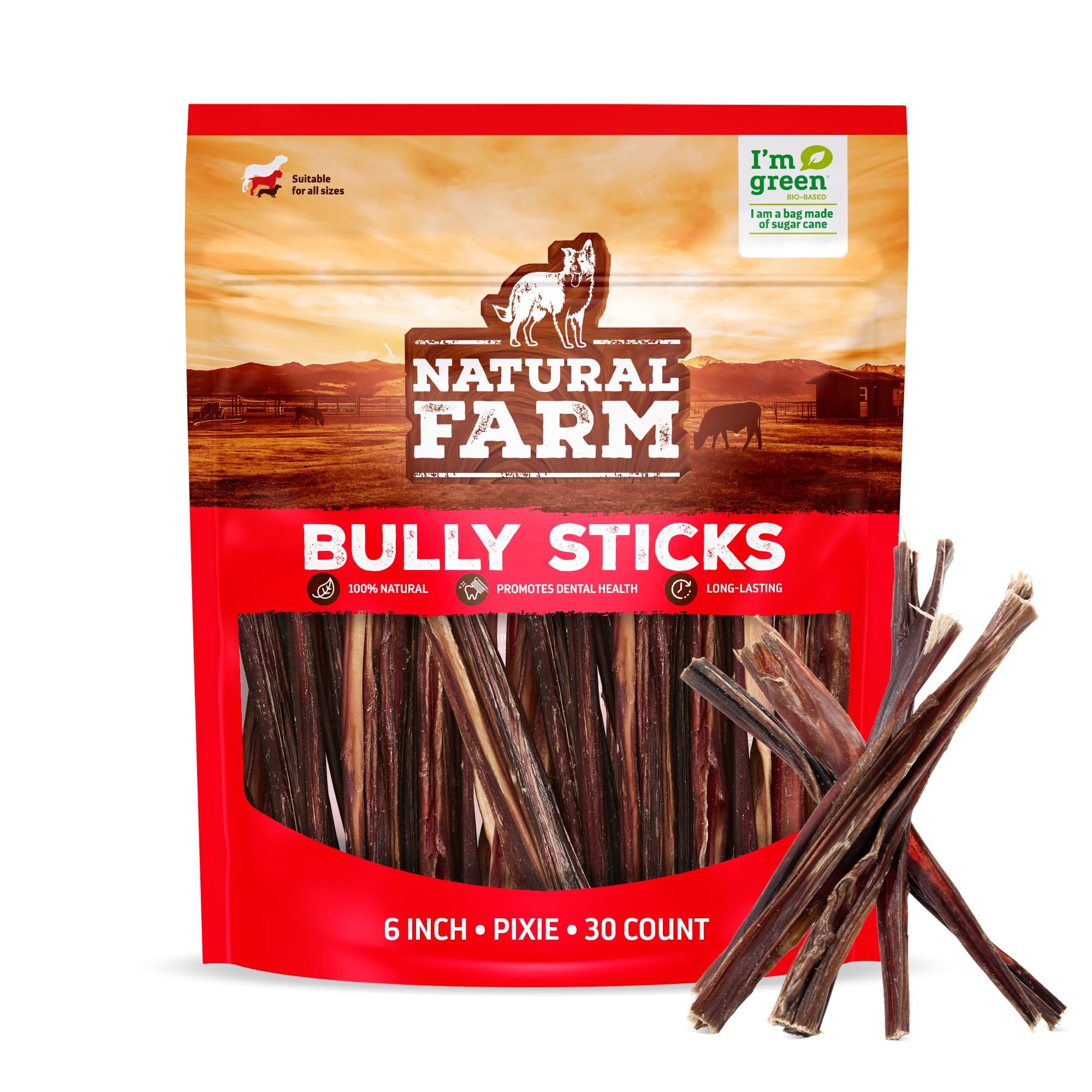 Natural Farm Bully Sticks 6 pulgadas, paquete de 30, ideal para masticación segura.
