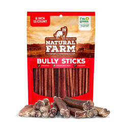 Natural Farm Bully Sticks en empaque de 6 pulgadas, ideal para entrenamiento.