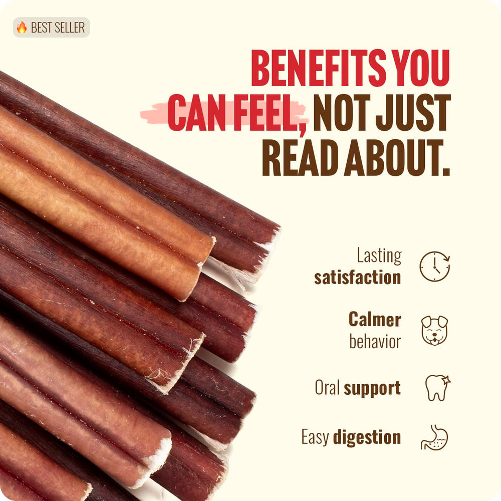 Natural Farm Bully Sticks secado al aire, mantiene textura natural para masticar.