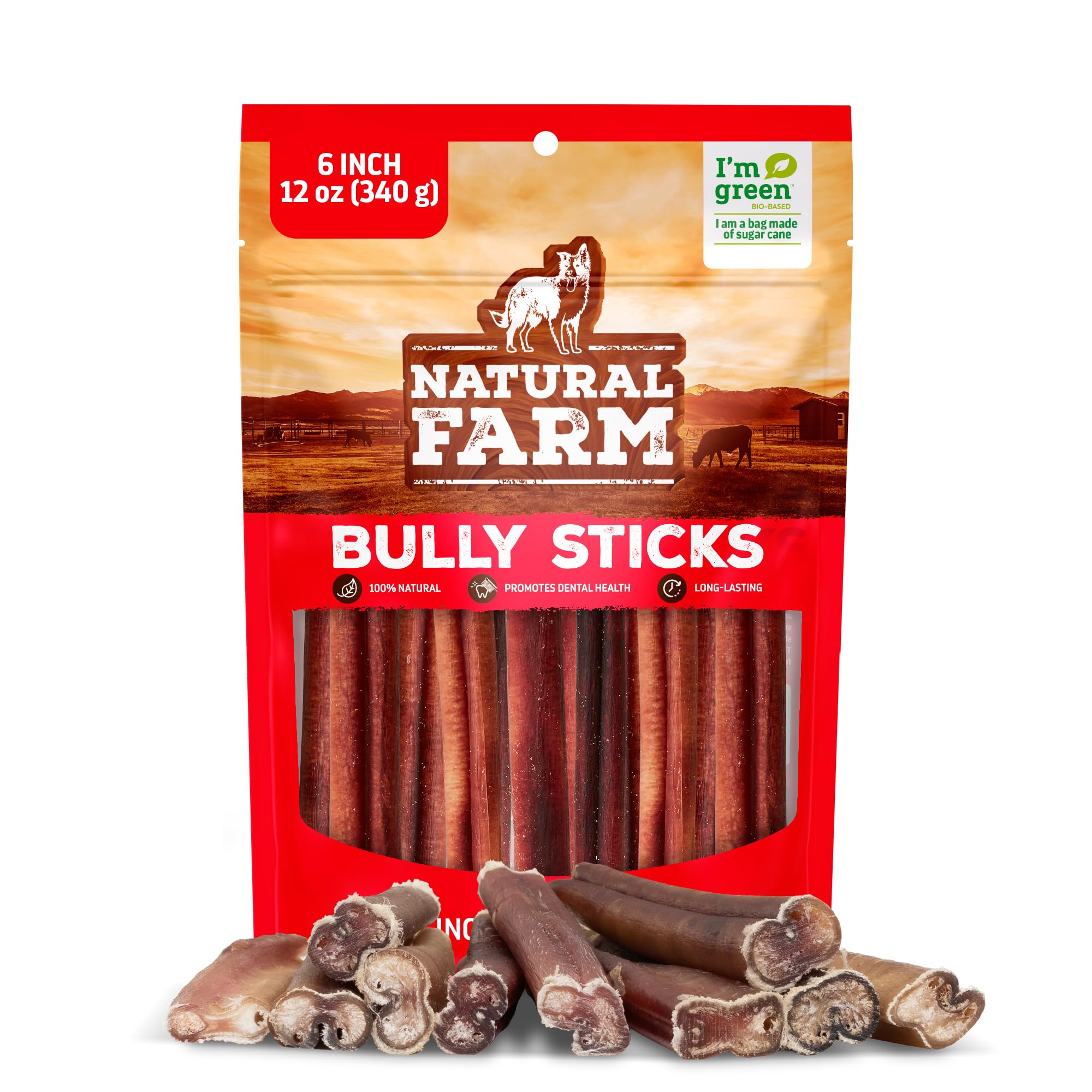 Natural Farm Bully Sticks sin olor, 6 pulgadas, ideal para distracción prolongada.