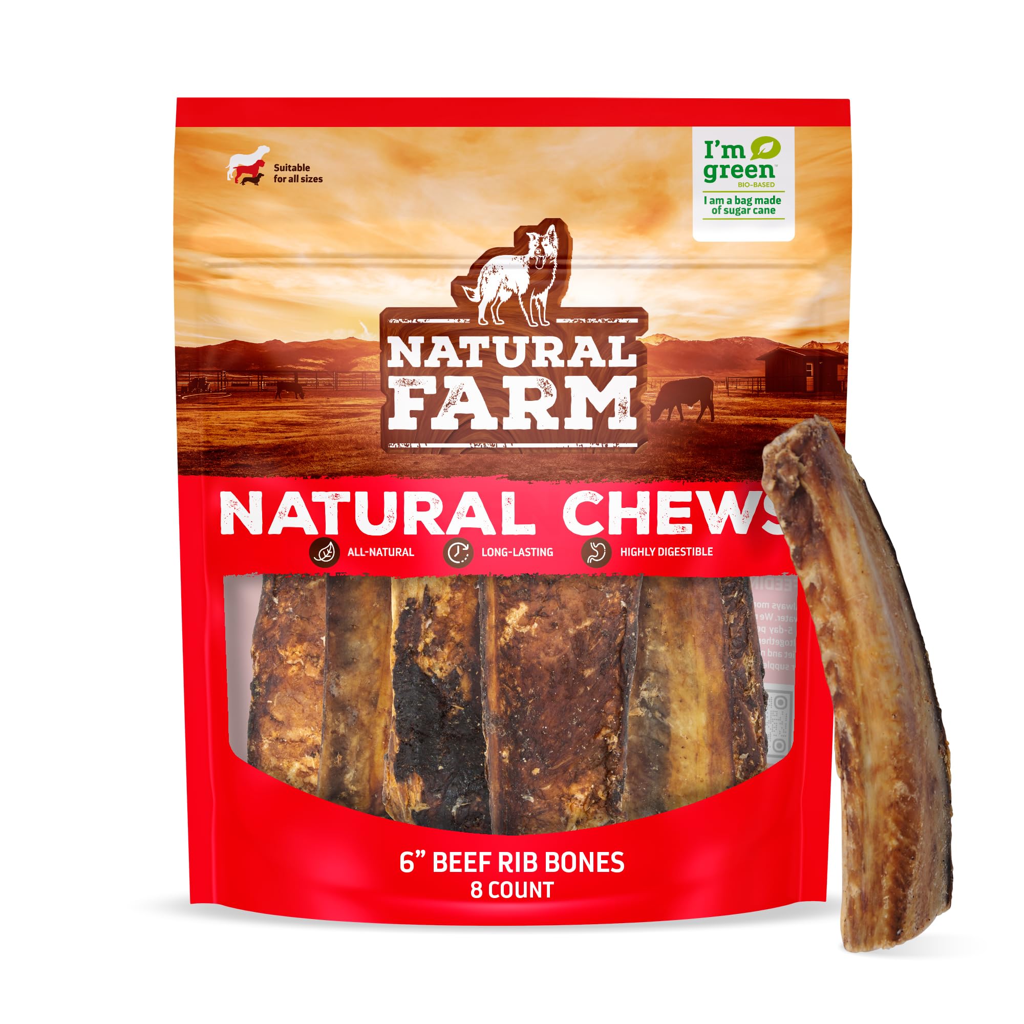 Natural Farm costillas de res para perros, 6 pulgadas, masticación prolongada y sabor natural.