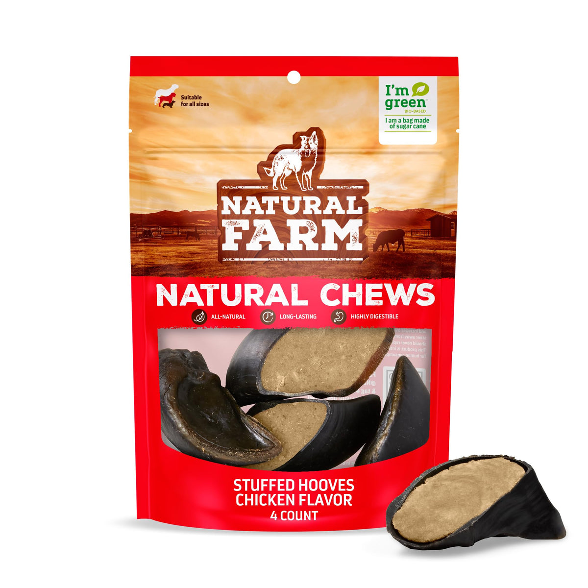 Natural Farm huesos de vaca rellenos de pollo, masticación sabrosa para perros