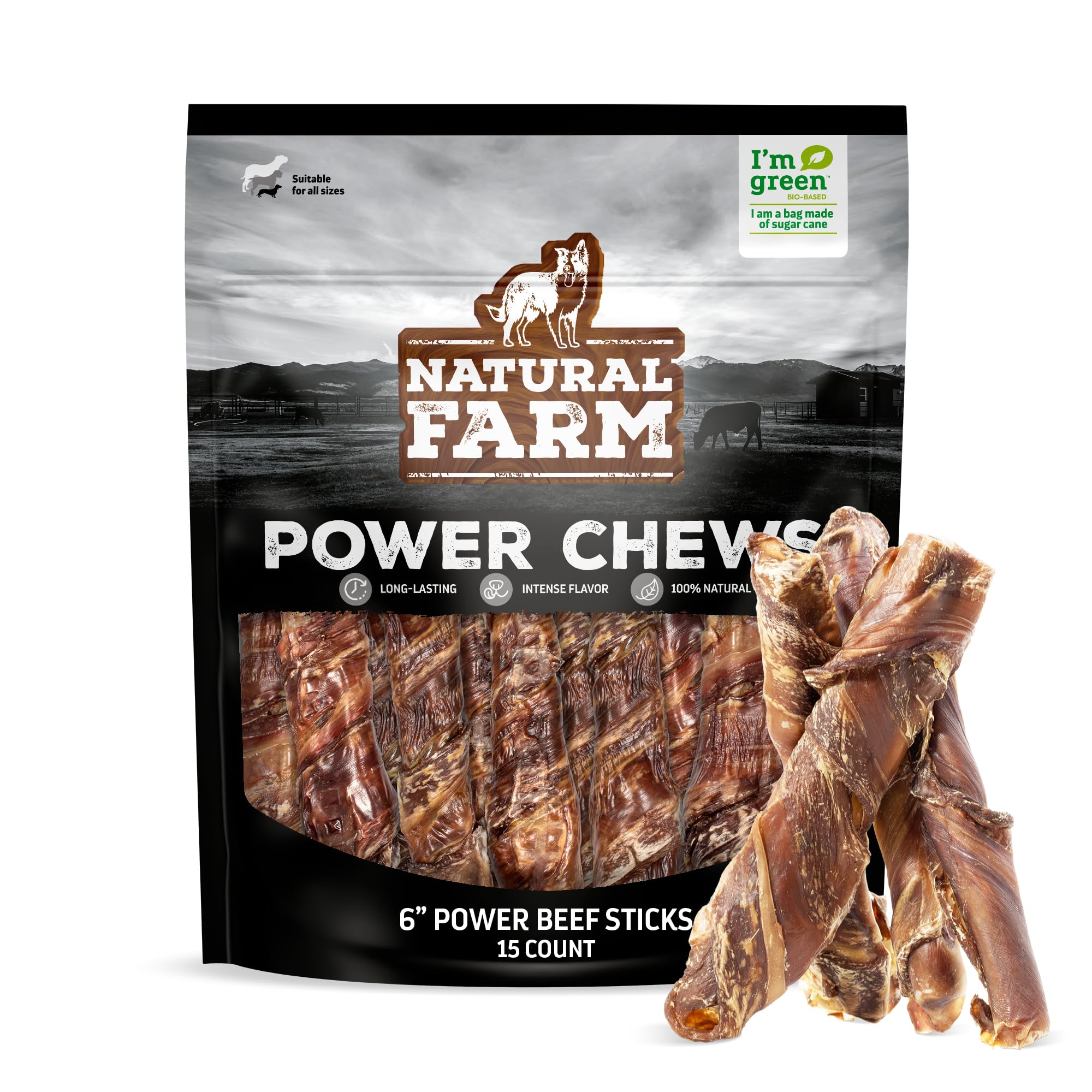 Natural Farm Power Beef Sticks textura doble para masticación prolongada y entretenimiento seguro