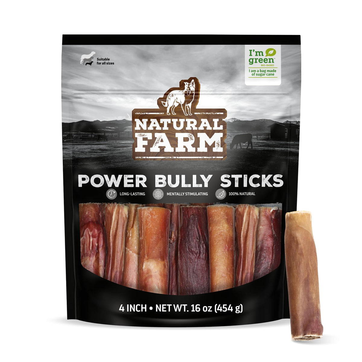 Natural Farm Power Bully Sticks para perros, tamaño 4 pulgadas, masticación duradera