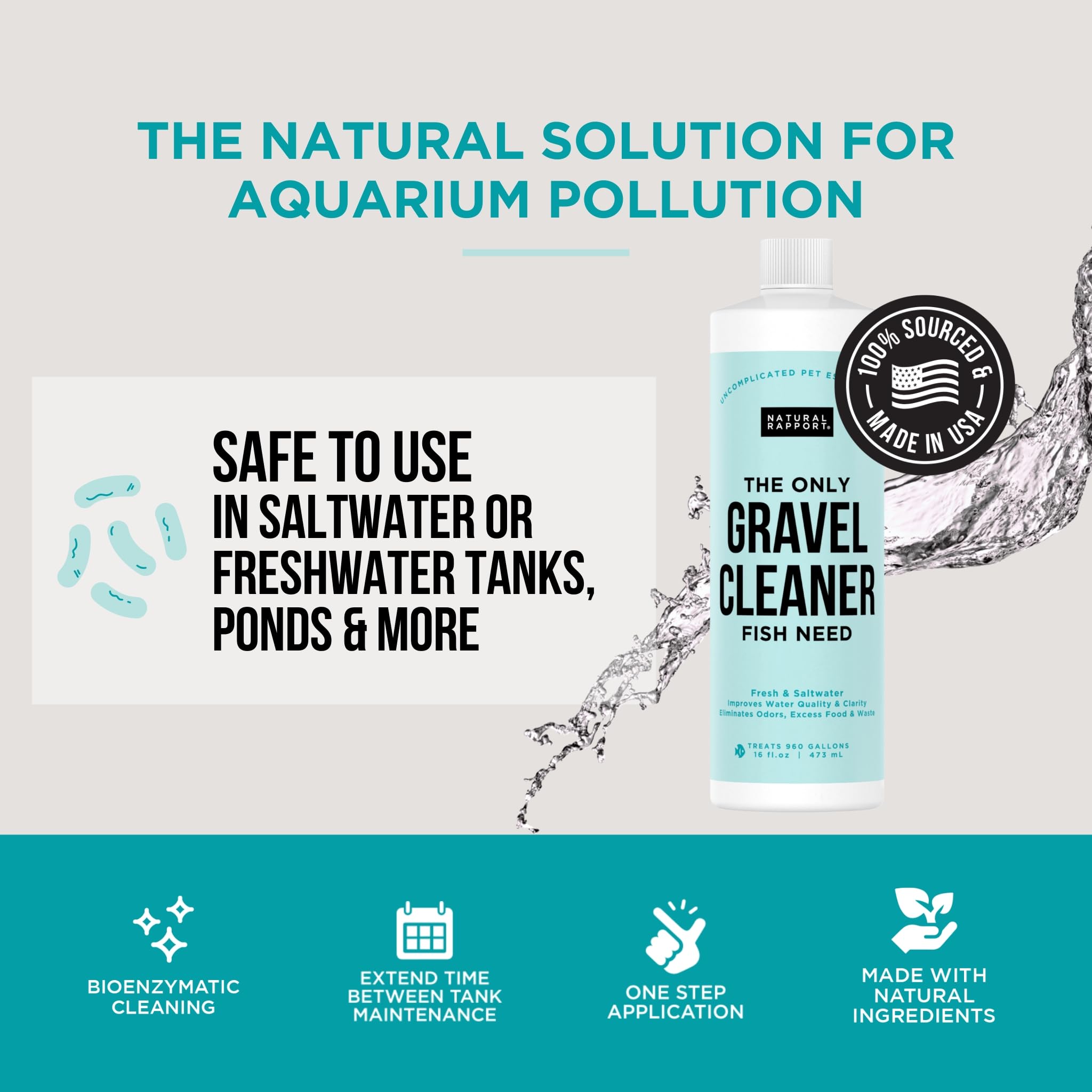 Natural Rapport indicación de dosificador, 5 mililitros por cada 10 galones para acuario.