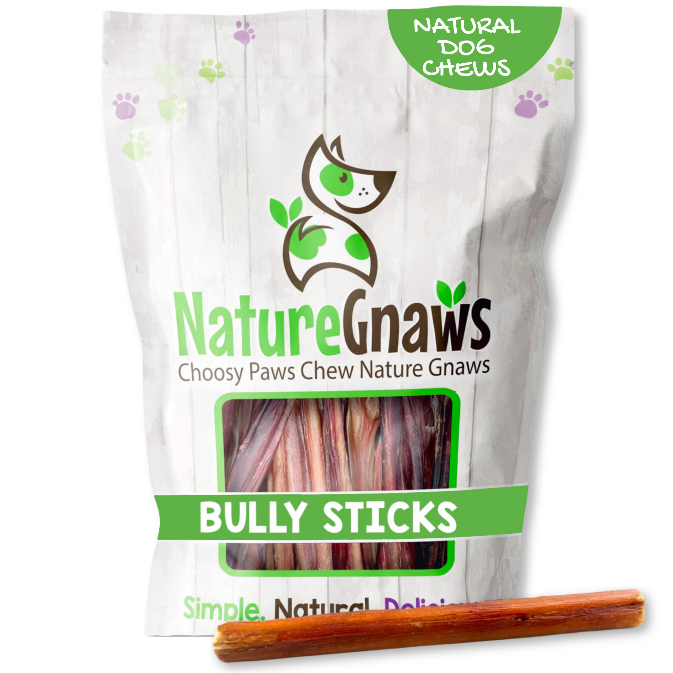 Nature Gnaws palitos bully para perros, masticación de larga duración y sabor natural.