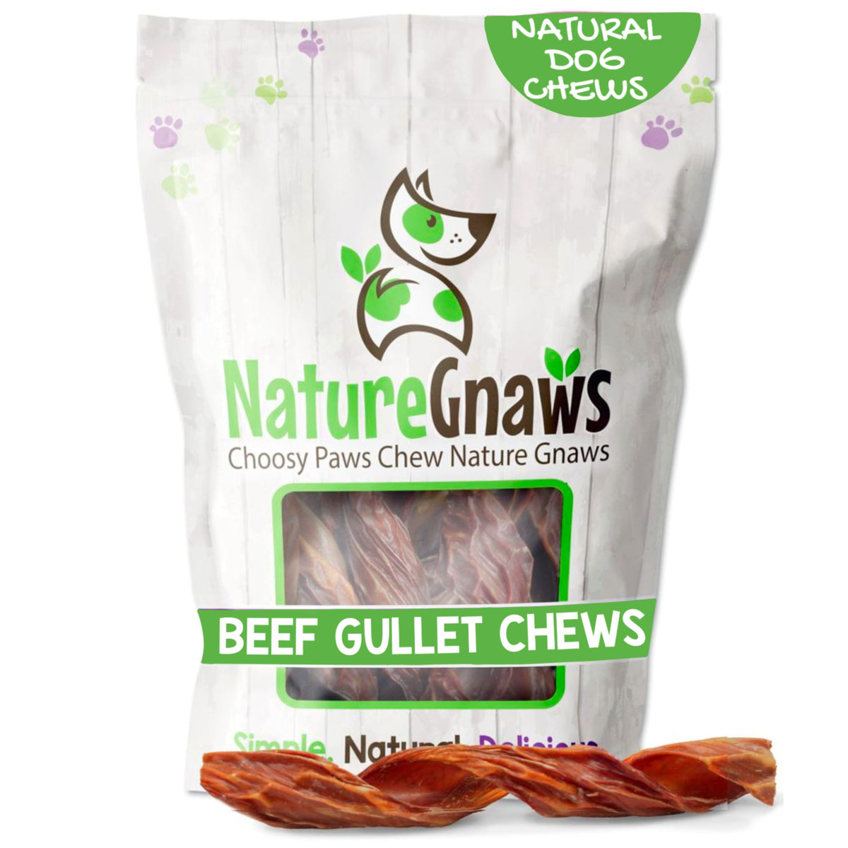 Nature Gnaws Ressorts Gosier Boeuf 7-8 Pouces, texture torsadée pour occuper et réconforter.