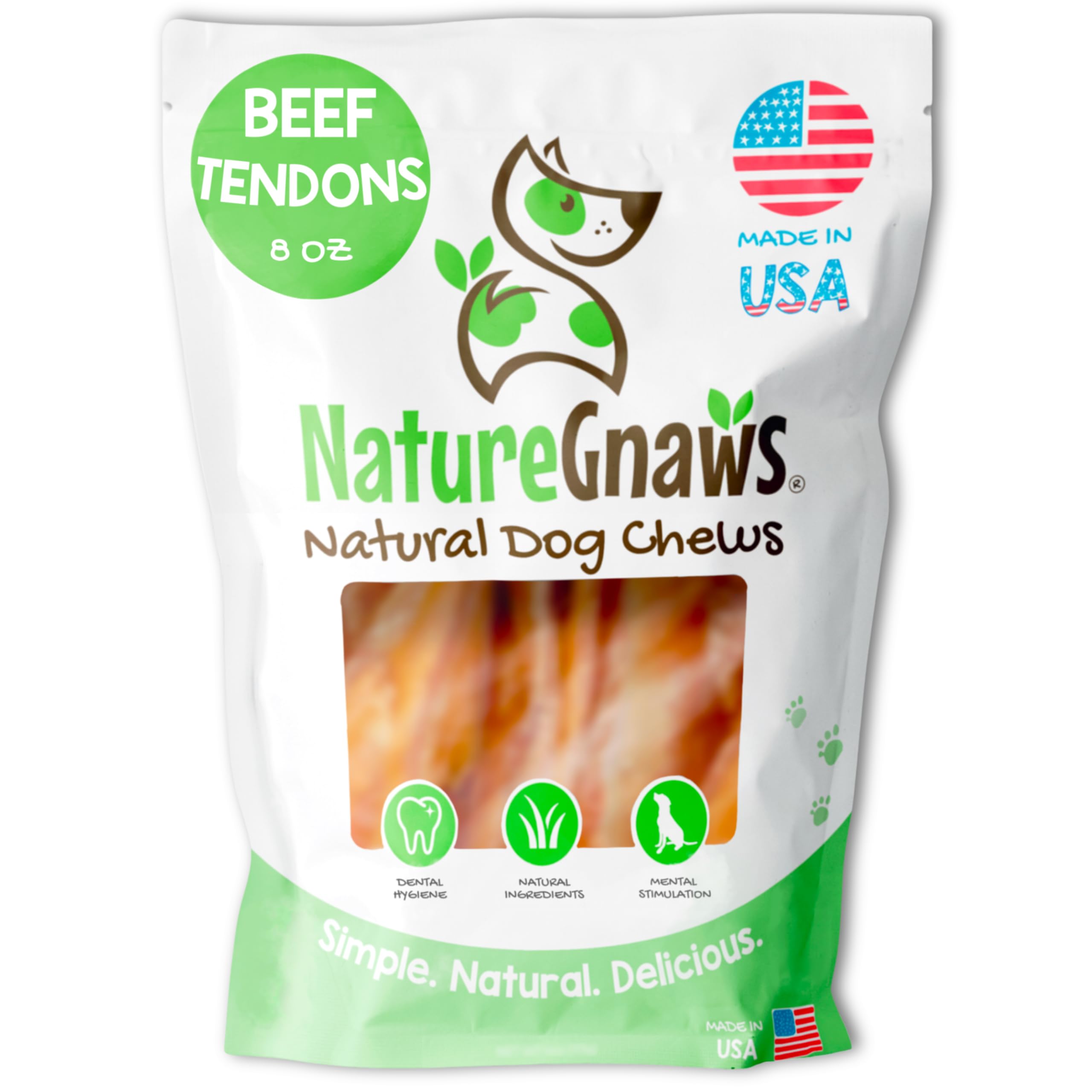Nature Gnaws tendones de res para perros en empaque de 8 onzas, masticación saludable.