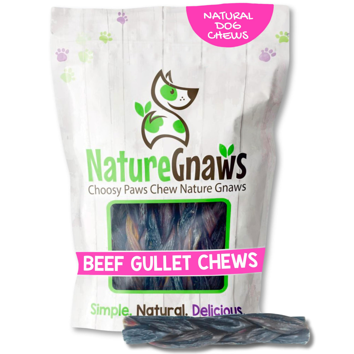 Nature Gnaws trenzas de esófago de res muestran una pieza masticable para perros pequeños.