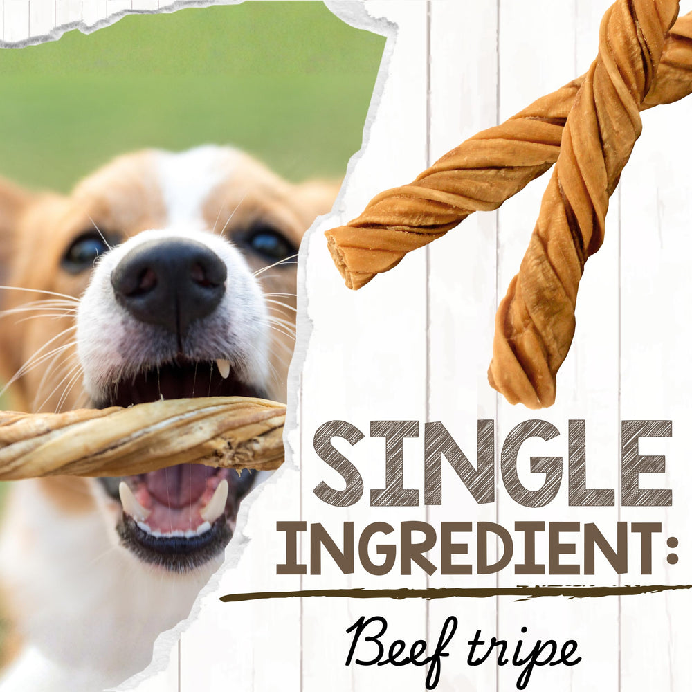 Tripe Twists para perros medianos, mordida duradera y recompensa.