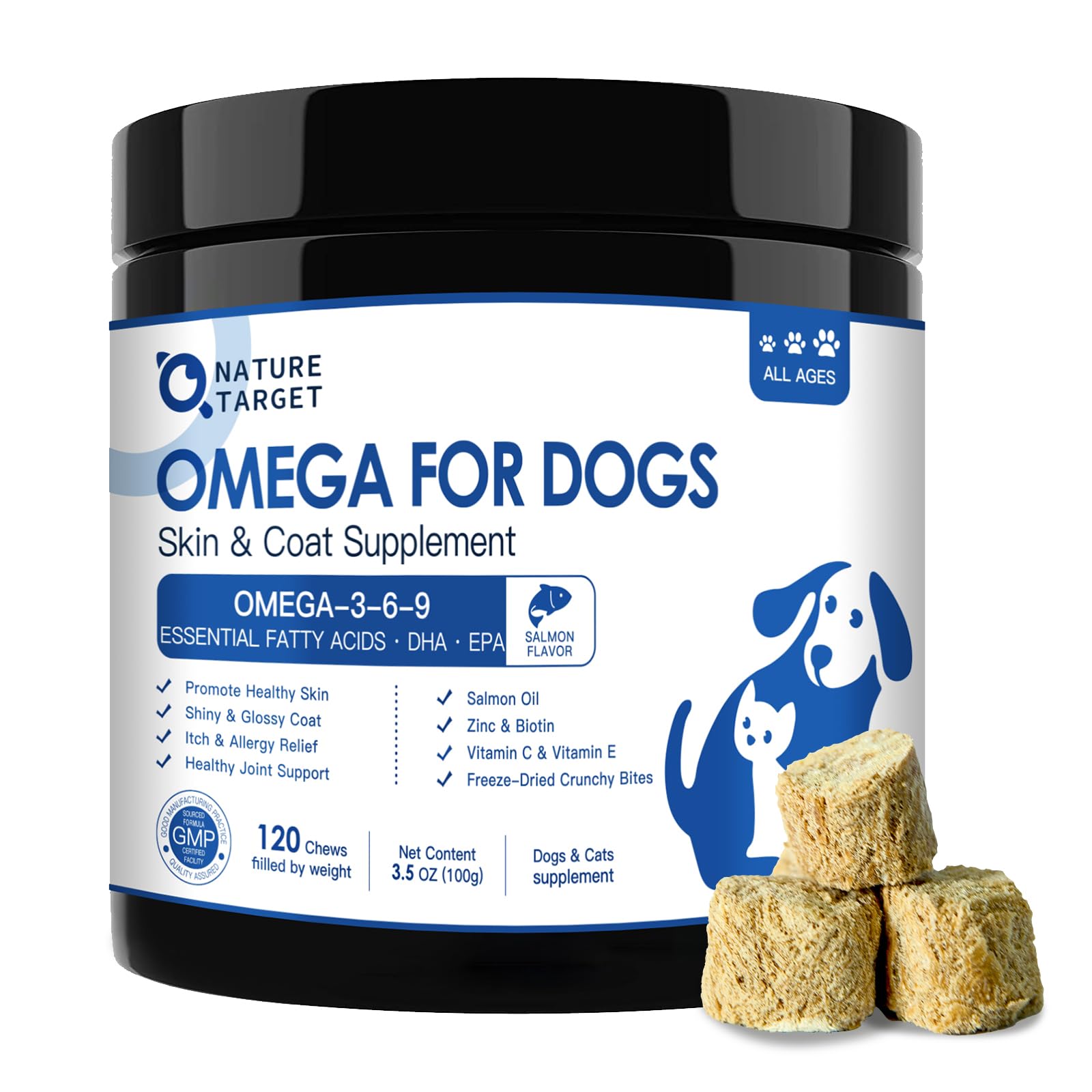 Nature Target Omega-3 para perros: botella de aceite de salmón, mejora el pelaje.
