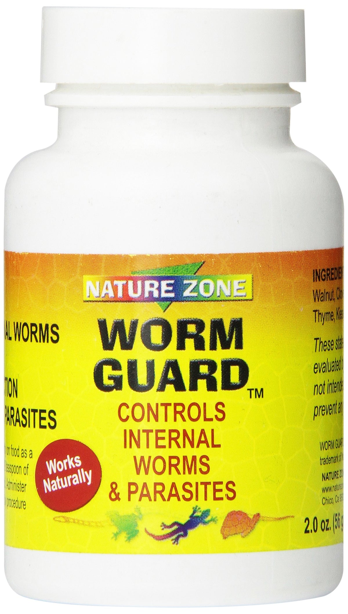 Nature Zone Reptile Worm Guard Powder, empaque de 2 oz para uso fácil en terrarios.