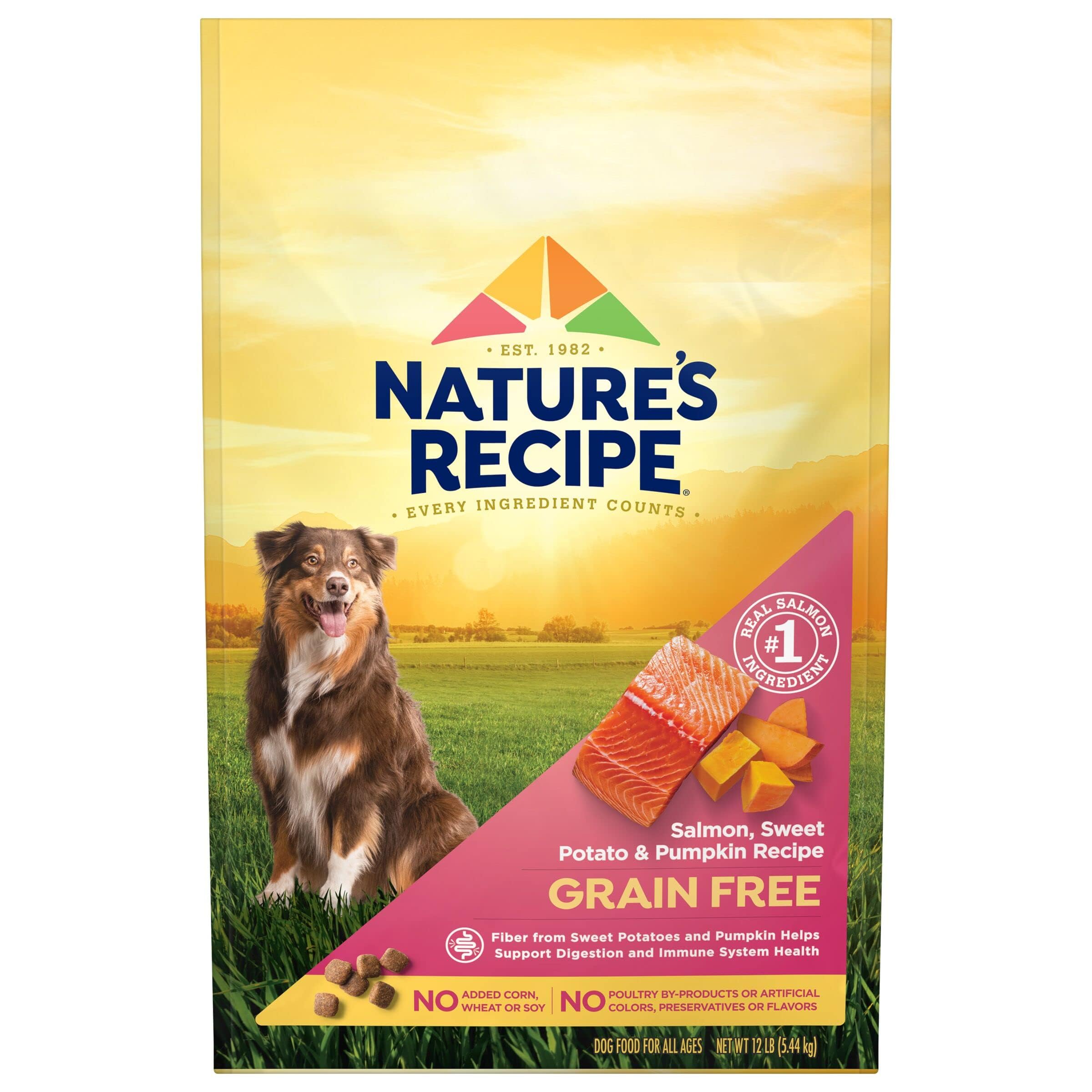 Nature's Recipe salmón sin granos, bolsa de 12 lb para perros activos.