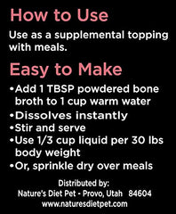 Nature's Diet poudre protéine os lin, idéale pour ressources nutritionnelles et pelage doux.