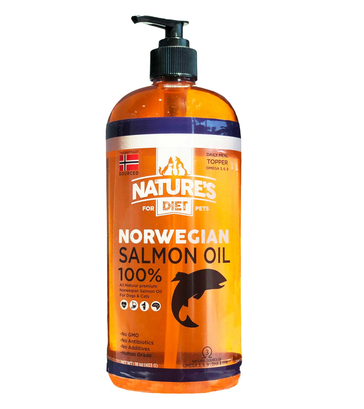 Nature's Diet Salmón Noruego, botella con dispensador para dosificación rápida en perros y gatos.