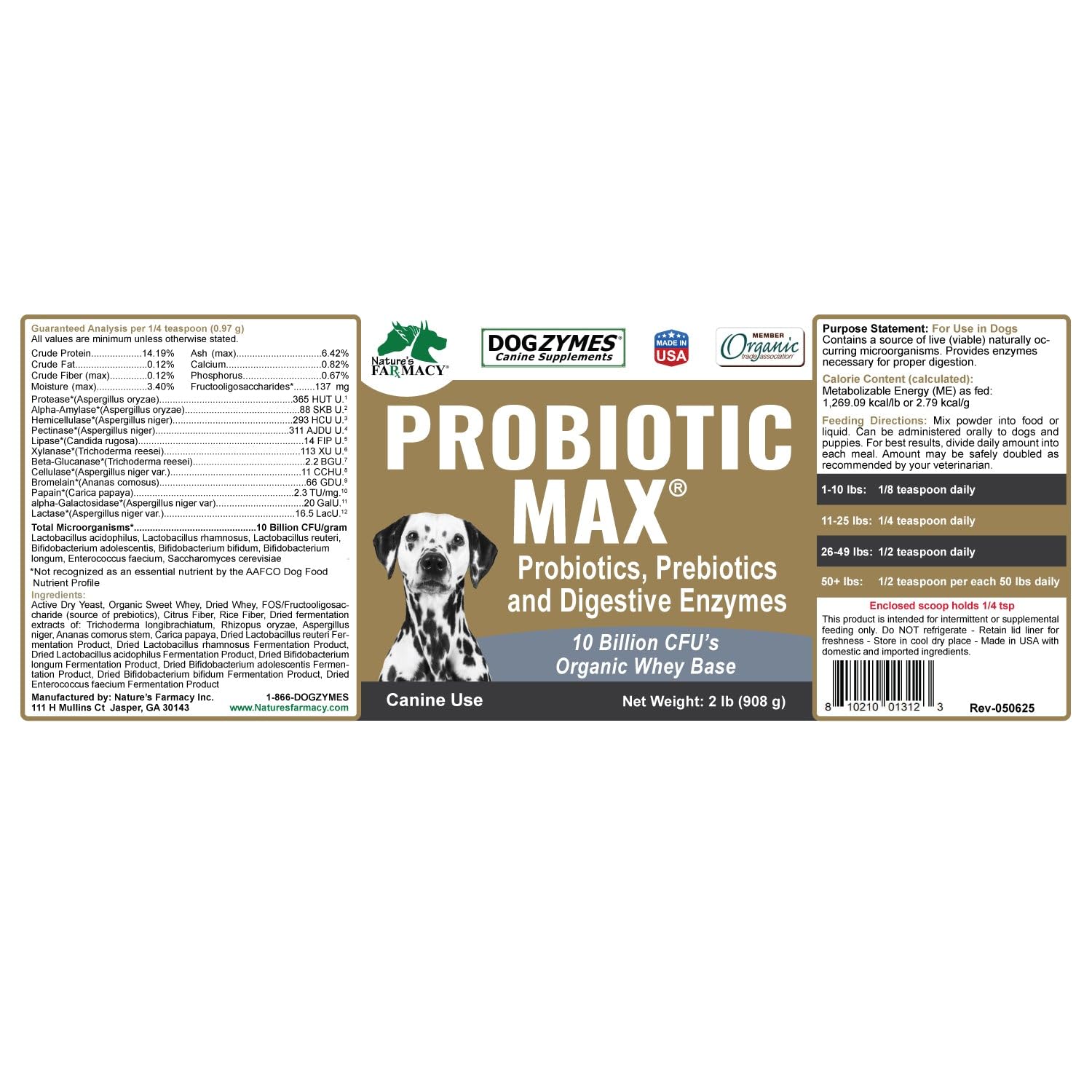 Dogzymes Probiotic Max, fórmula con ingredientes orgánicos y enzimas digestivas.