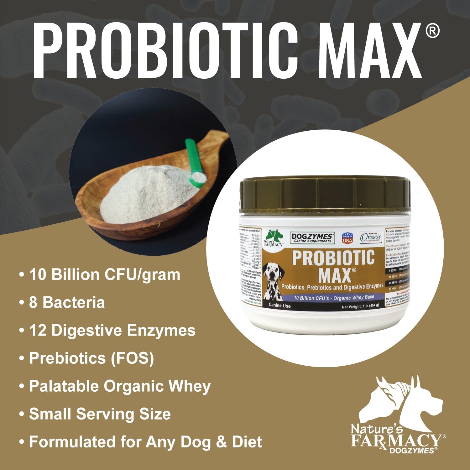 Dogzymes Probiotic Max, perro comiendo comida enriquecida con probióticos.