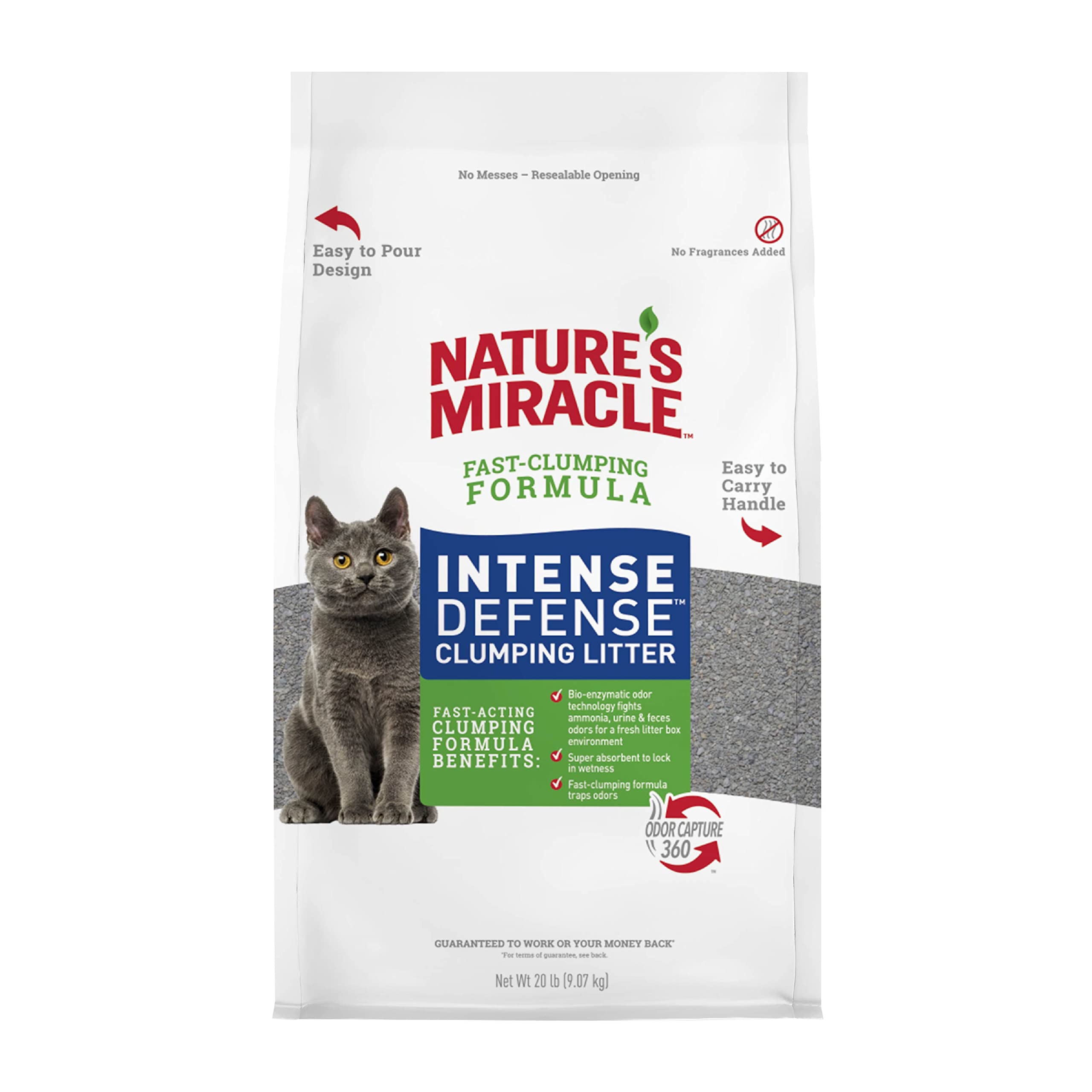 Nature's Miracle: arena para gatos, defensa intensa contra olores, bolsa de 20 libras para manejo cómodo.