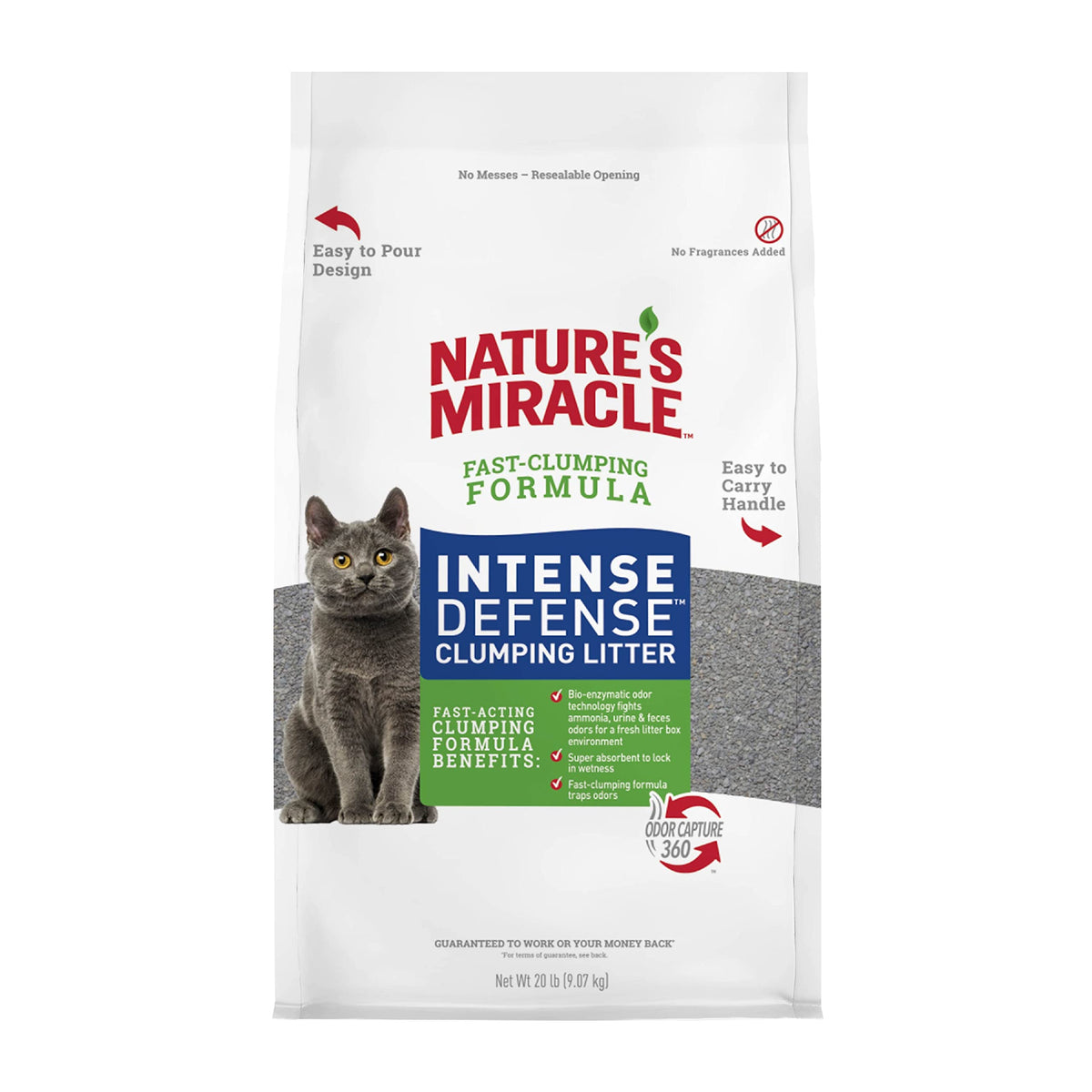 Nature's Miracle: arena para gatos, defensa intensa contra olores, bolsa de 20 libras para manejo cómodo.