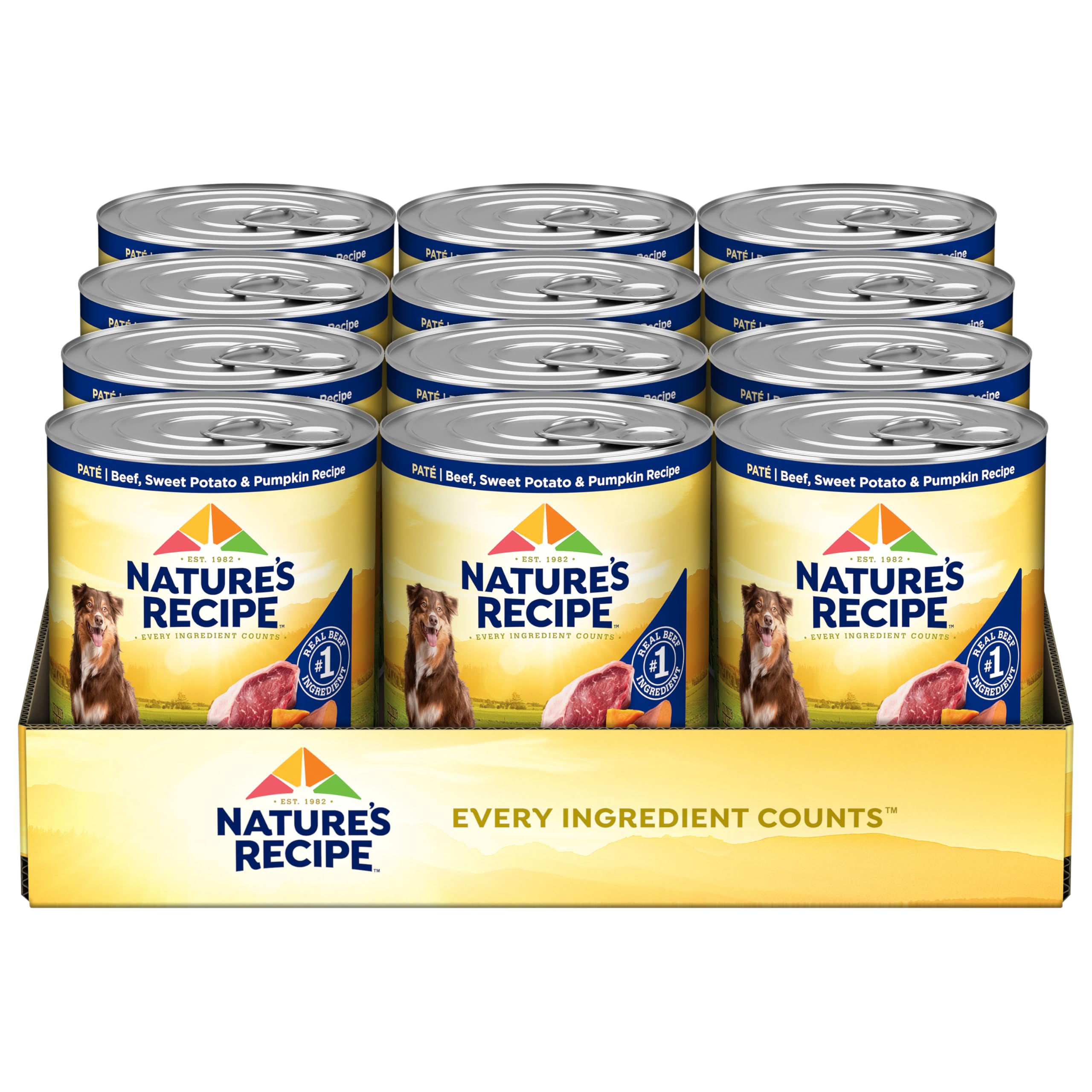 Nature’s Recipe carne de res en lata 375 g: proteína de alta calidad para perros activos.