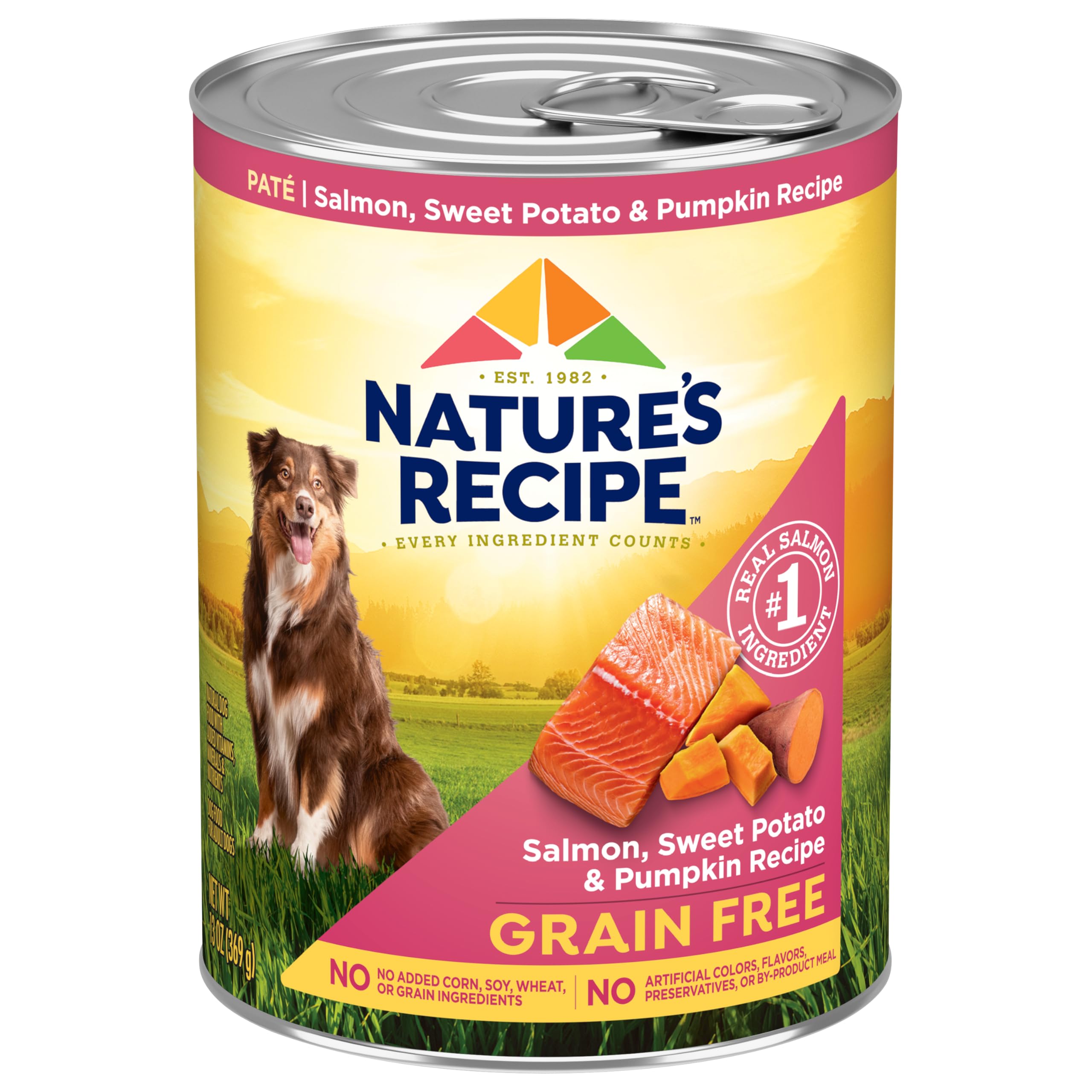 Lata Nature's Recipe con salmón real, proteína de alta calidad.