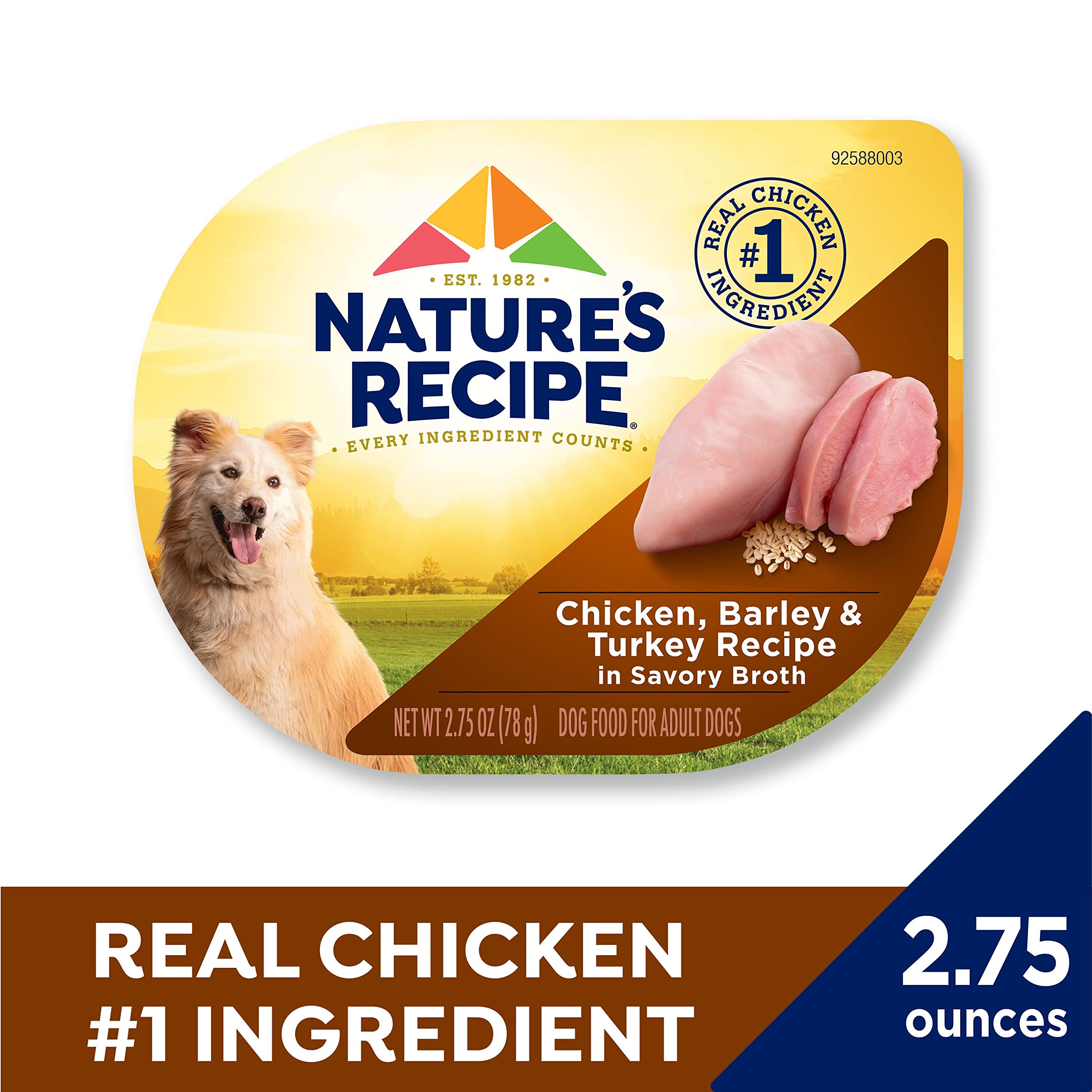 Nature's Recipe: pollo real, cebada y pavo en ingredientes visibles, perfil de sabor.