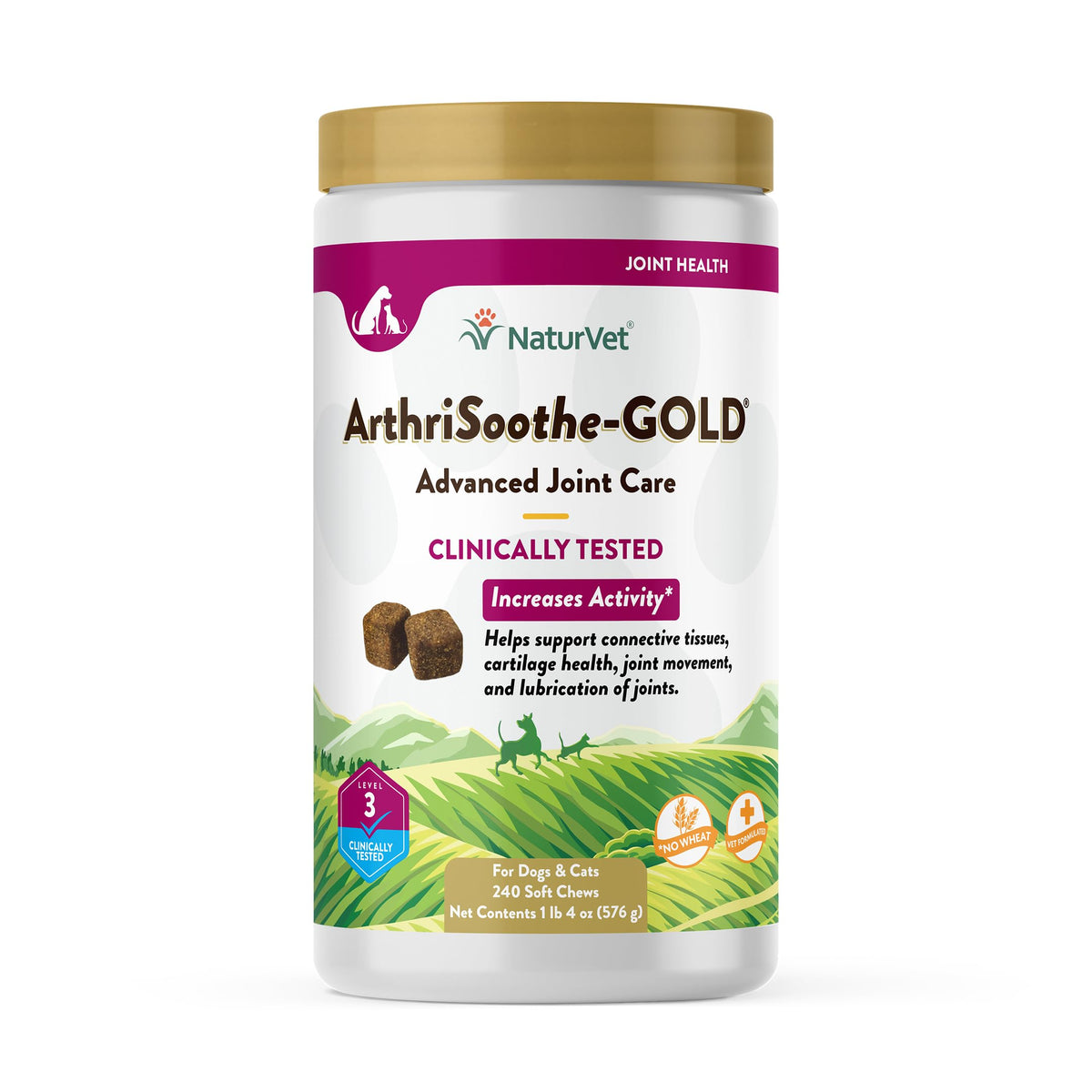 NaturVet ArthriSoothe-Gold Nivel 3 en botella, gomitas masticables para apoyar la movilidad de perros.